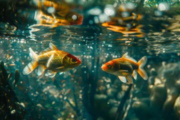 Naklejka premium Two goldfish swimming in a tank. The tank is filled with water and rocks. The fish are swimming close to each other