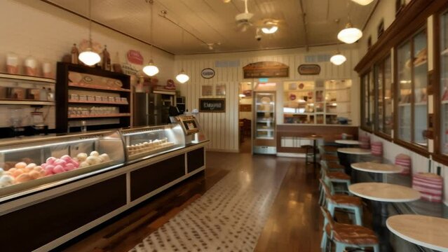 Delightful vintage ice cream parlor with a black and white checkered floor, pastel walls, and glass display cases filled with colorful ice cream flavors. 