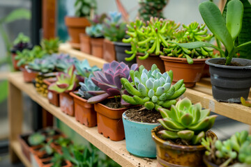 Fototapeta na wymiar A row of potted plants with a variety of colors and sizes. The plants are arranged on a shelf, with some taller plants in the back and shorter ones in the front
