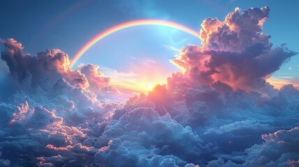 Celestial Prism: Anime Artistry of Rainbow in Blue Sky - obrazy, fototapety, plakaty