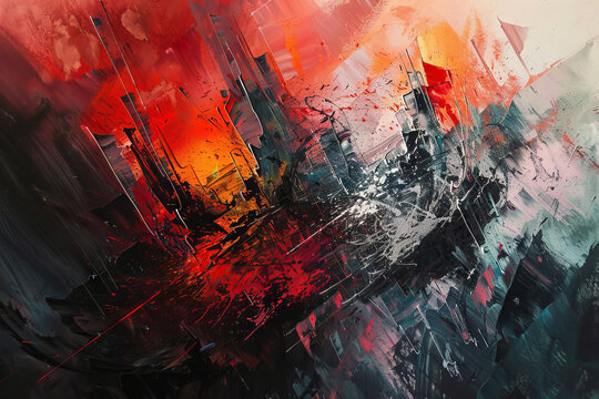 A painting of a cityscape with a red sun in the background. The painting is full of splatters and has a chaotic, abstract feel to it