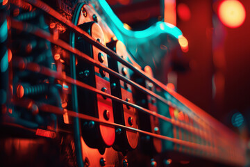 A close up of a bass guitar with a red and blue background. The guitar is illuminated and the strings are visible. Scene is energetic and lively, as the bright colors - obrazy, fototapety, plakaty