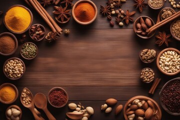 Fototapeta na wymiar 'spices nuts wooden table india indian turkey spoon closeup template cumin turkish black chili spice bazaar pepper market receipe goa istanbul star ingredient anise red masala yellow grinder cookery'