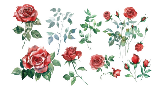 set of watercolor drawing of red roses with leaves isolated on white or transparent png