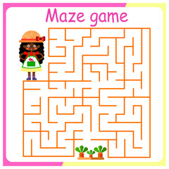 Children's logic game on passing the labyrinth. Educational game for children. Attention task. Choose the right path. Funny cartoon character. gardener and carrot