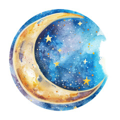 Watercolor moon in the blue night sky. A fabulous watercolor golden moon with little stars. Vector illustration.