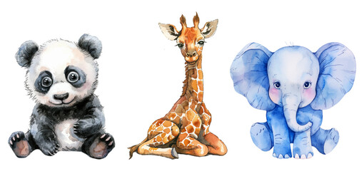 Set of cute watercolor tropical animals png. Watercolor giraffe, panda and elephant on isolated background. Vector illustration. © Narin