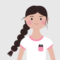 Portrait of woman. Young little girl kid face. Brunette hairstyle. Black pigtail hair. Beautiful lady, female. Avatar for social networks. Cute cartoon character. Flat design. White background. Vector