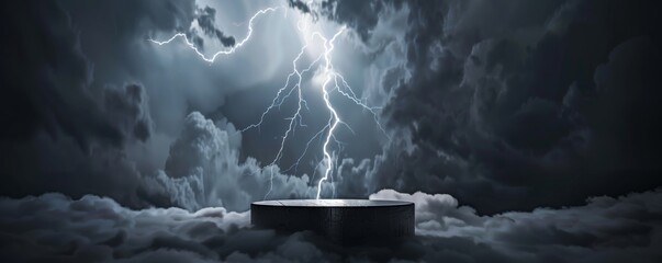 Dramatic lightning strike over a dark, stormy sky with menacing clouds - obrazy, fototapety, plakaty