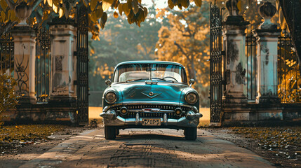 Classic car driving through the gate of a park