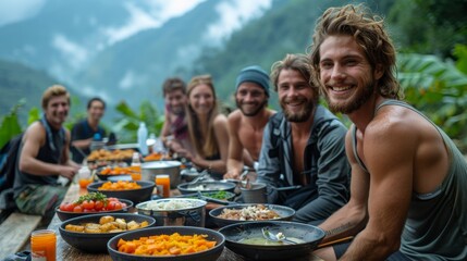 Joyful backpackers sharing a meal with local villagers in an Asian countryside, forging connections and memories on their summer journey. - obrazy, fototapety, plakaty