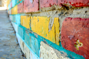 A colorful brick wall with a yellow brick in the middle. The wall is made of different colored bricks, including red, yellow, and green