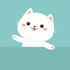 White cat kitten kitty hides behind the paper. Pink paw print. Cute kawaii cartoon funny baby character. Happy Valentines Day. Childish style. Greeting card. Blue background. Flat design. Vector