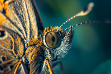 A close up of a butterfly's face with its eyes open. The butterfly is brown and has a fuzzy texture. Concept of curiosity and wonder - obrazy, fototapety, plakaty