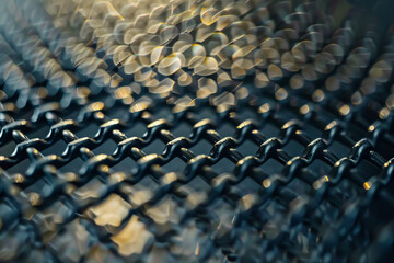 Fototapeta premium A close up of a chain link fence with a blurry background. The fence is made of metal and has a shiny, reflective surface. The image has a dreamy, ethereal quality to it