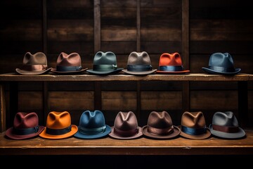 Closeup of a vintage gentlemans hat collection on wooden display, soft lighting highlights textures, ideal for classic fashion enthusiasts - obrazy, fototapety, plakaty