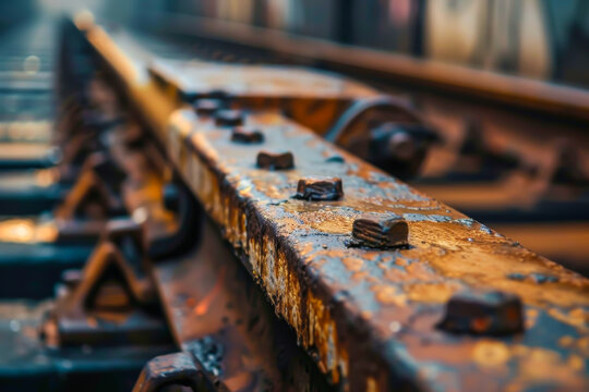 A rusty train track with many bolts and screws. The bolts and screws are scattered all over the track, and the overall mood of the image is one of decay and neglect. The train track appears to be old