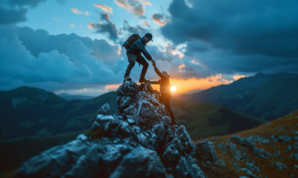  Teamwork of two men hiker helping each other on top of mountain climbing team. Teamwork friendship hiking help each other trust assistance silhouette in mountains