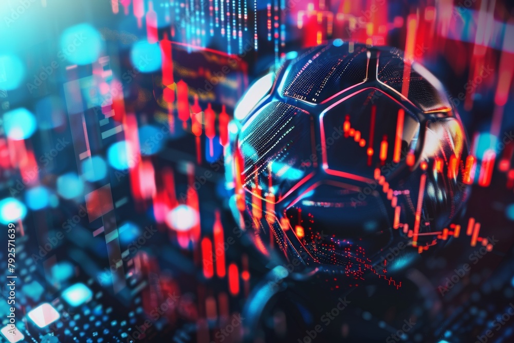 Poster digital soccer ball with analytics and statistics in close-up view