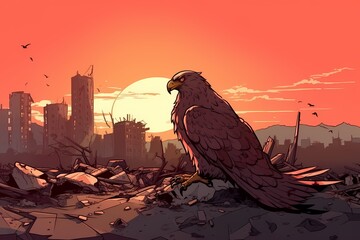 cartoon illustration, an eagle bird in a destroyed city with a sunset - obrazy, fototapety, plakaty