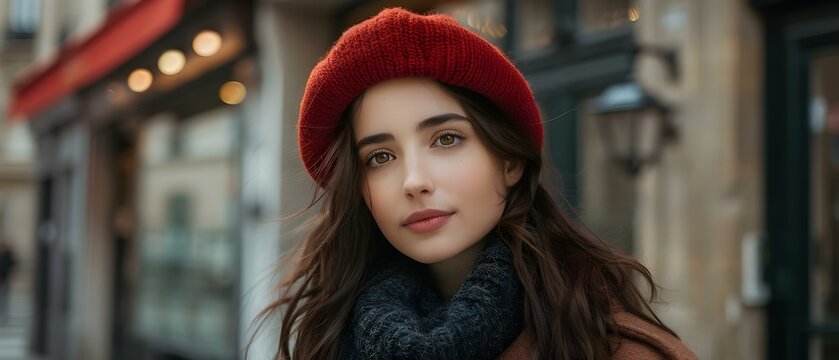 Stylish young woman in red beret and coat poses in Paris street. Concept Fashion Photography, Parisian Style, Street Style, Red Beret, Chic Outfit