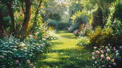 A British garden during the month of June. - obrazy, fototapety, plakaty