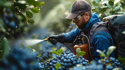 A farmer is applying insect repellent and weed killer to a blueberry farm during the spring season.