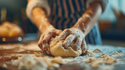 Close-up of womans hand kneading dough. Space for text