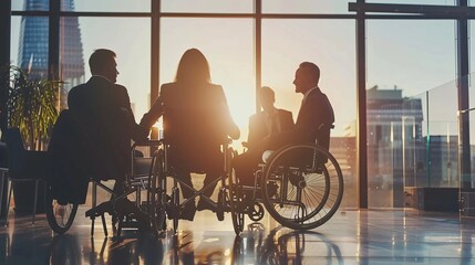 A diverse group of professionals collaborating with a colleague in a wheelchair to promote inclusivity. - Powered by Adobe