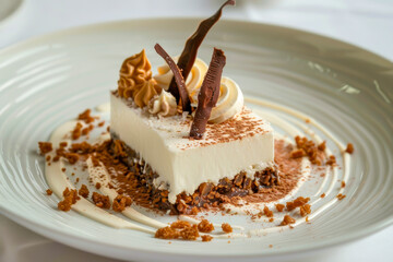 A dessert with a white base and brown toppings