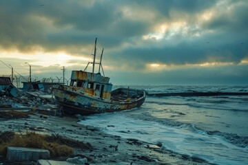 A large, rusted boat is sitting on the beach. The sky is cloudy and the sun is setting