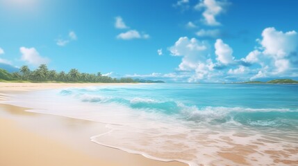 Fototapeta premium Tropical Paradise: Summer Vacation Beach with Blue Sky and Palm Trees