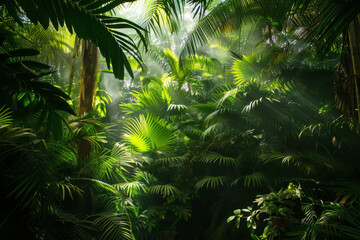 A lush green jungle with sunlight shining through the trees. Concept of tranquility and serenity, as the sunlight filters through the dense foliage, creating a peaceful atmosphere