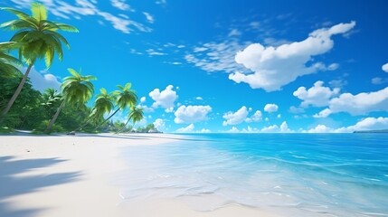 Tropical Paradise: Summer Vacation Beach with Blue Sky and Palm Trees

