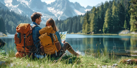 Beautiful young tourist couple with map looking at the mountain lake. Summer trip in nature. Lifestyle, togetherness, active life concept. Travelers with backpacks relaxing after hiking. Tourism - obrazy, fototapety, plakaty