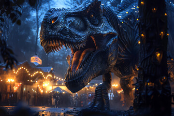 A large T-Rex is standing in front of a carnival. The scene is dark and moody, with the T-Rex's mouth wide open and the carnival lights shining brightly in the background