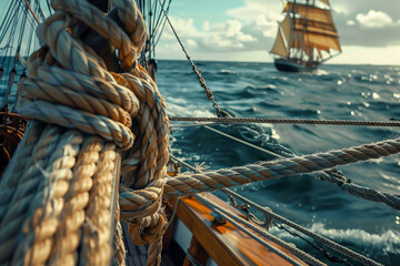 A sailboat is sailing in the ocean with a rope tied to the mast. The rope is tied to the mast in a way that it is not visible