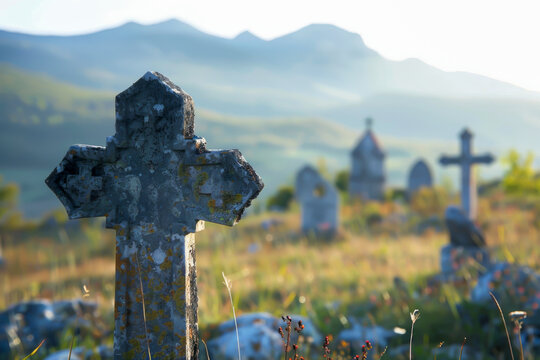 A cross is standing in a field next to a cemetery. The cemetery is surrounded by mountains, and the sky is clear and bright. Scene is peaceful and serene, as the cross