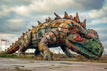 A large, colorful, and very detailed dinosaur sculpture is sitting on a dirt field. The sculpture is made of metal and has a menacing look to it. Scene is eerie and mysterious