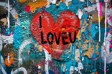 A heart with the word LOVE written on it is spray painted on a wall. The heart is surrounded by a colorful background, giving the image a vibrant and artistic feel