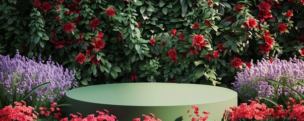 Fototapeta na wymiar Serene garden oasis with lush green podium surrounded by vibrant flowers