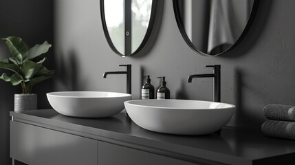 Close up of double sink with oval mirrors- hanging 