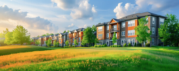 Beautiful panoramic background of the modern apartment houses. Concept of neighborhood and real estate.