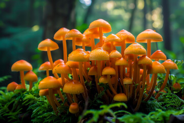 A large group of orange mushrooms are growing in a forest. The mushrooms are clustered together and appear to be wet. The scene has a peaceful and natural feel