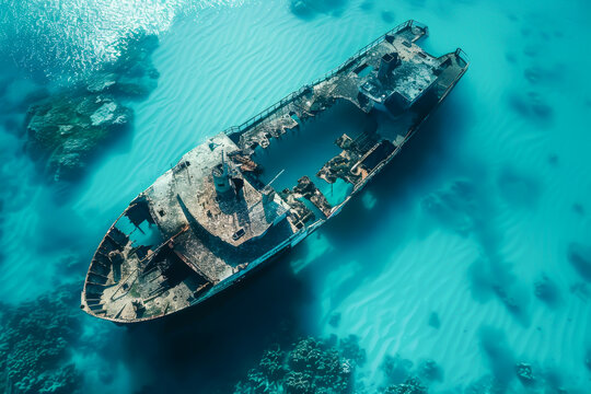 A large ship is floating in the ocean with a lot of debris on it. The water is blue and the sky is clear