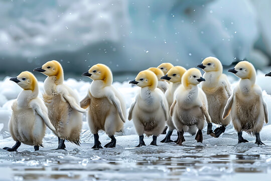 A group of baby birds are walking on ice. The birds are small and white. The image has a peaceful and serene mood