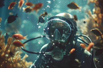 Underwater swimming created with generative ai person enjoys summer pleasant water swimming diving - obrazy, fototapety, plakaty