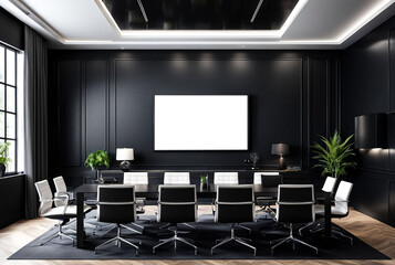 Mockup of blank empty tv screen monitor for text in meeting business conference room in modern contemporary office at dark wall background, no people. Business idea design concept. Copy ad text space