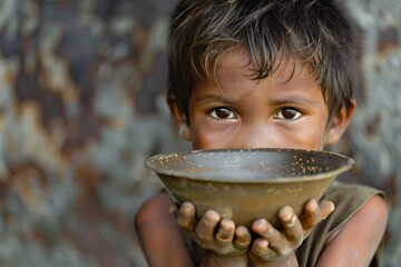 starving child holding an empty bowl - obrazy, fototapety, plakaty
