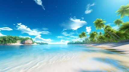 Fototapeta na wymiar Tropical Paradise: Summer Vacation Beach with Blue Sky and Palm Trees